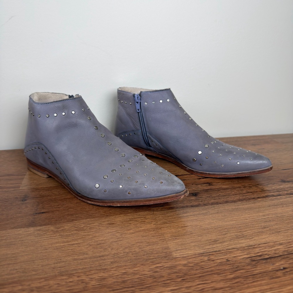 Free People Aquarian Studded Leather Pointed Toe Ankle Boots Blue/Grey Flat 7.5